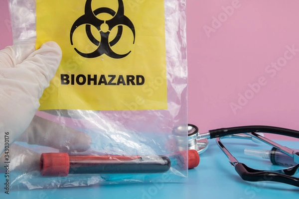 Fototapeta COVID 19 Coronavirus Infected blood sample in the sample tube, Vaccine and syringe injection use for prevention, immunization and treatment from COVID-19