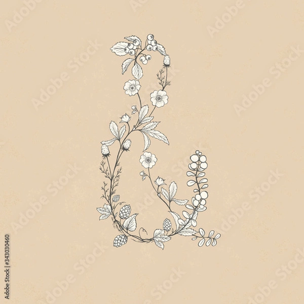 Obraz ampersand floral symbol, letter & from flowers and plants, hops, lingonberries, elderberries