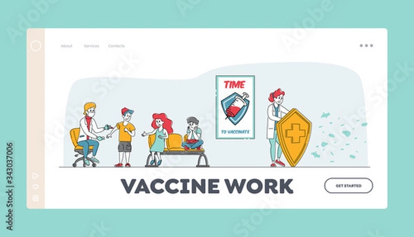 Fototapeta Medical Vaccination Landing Page Template. Doctor Character Holding Huge Shield Protecting Nurse Making Vaccine to Kids Protecting from Viruses, Health Immunization. Linear People Vector Illustration