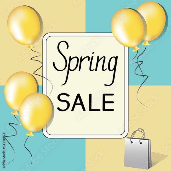 Fototapeta Spring Sale banner with yellow balloons and bag