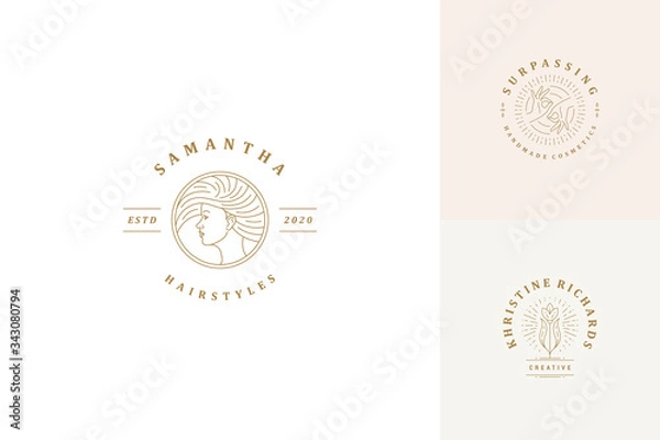 Fototapeta Vector line logos emblems design templates set - female face and gesture hands illustrations simple linear style