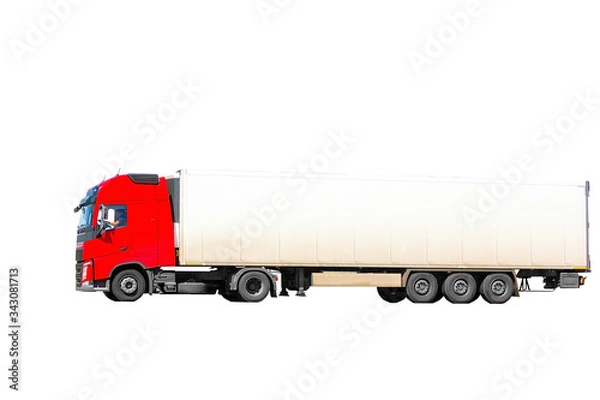 Fototapeta Truck with red cab and open body on white background,
