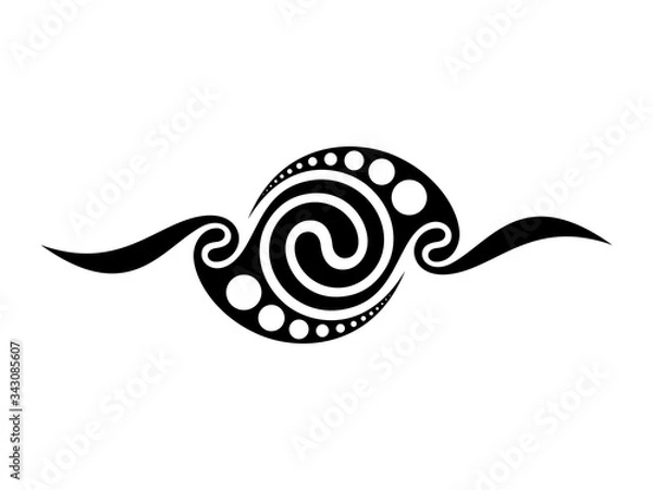 Obraz Minimal abstract stencil, tribal tattoo sketch. Black and white symbol of magic spiral mascot, sign of sun and time. Vector template.