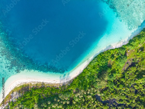 Fototapeta Aerial top down view tropical paradise pristine beach rainforest blue lagoon bay coral reef caribbean sea turquoise water at Banyak Islands Indonesia Sumatra remote travel adventure away from it all