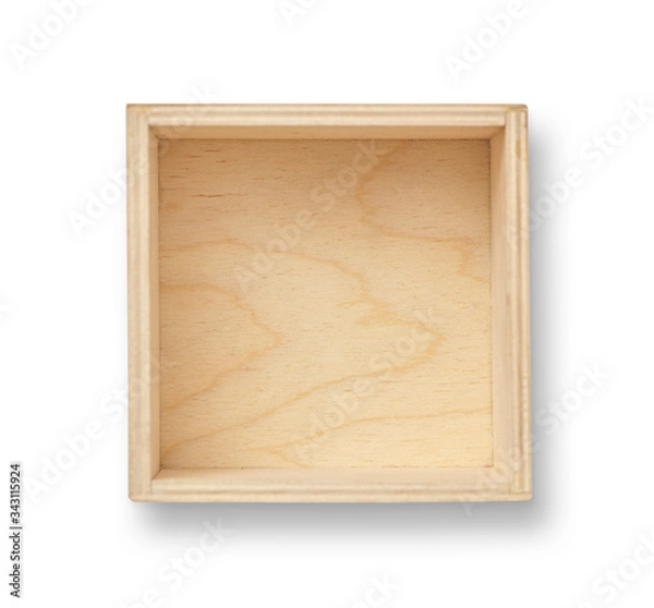 Obraz Empty wood box with isolated white background. Top view.