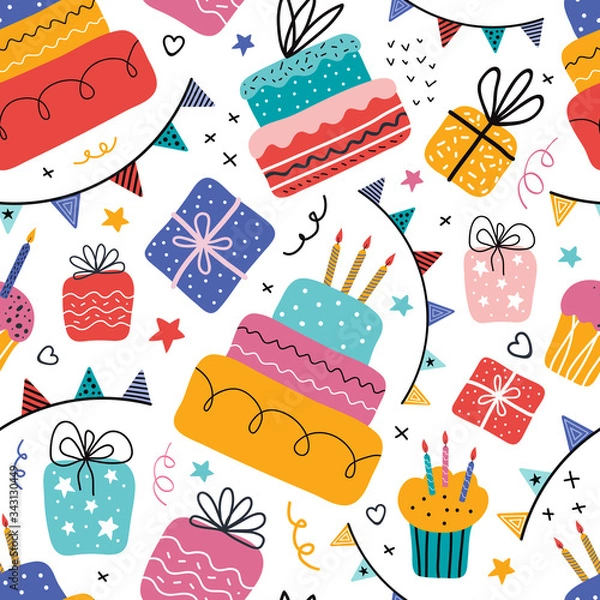 Fototapeta Birthday cream cakes, gift boxes, garlands flat vector seamless pattern. Hand drawn background for a party, holiday for children, festival. Decoration in the Scandinavian style. Party decorative items