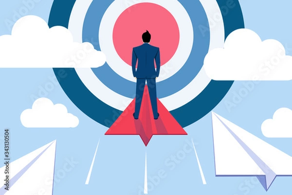 Fototapeta Businessman leader on paper plane flying at the target, To goal to achieve success, business Concept.