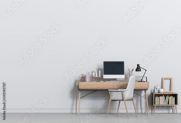 Fototapeta 3D render of interior modern living room workspace with desk and desktop computer