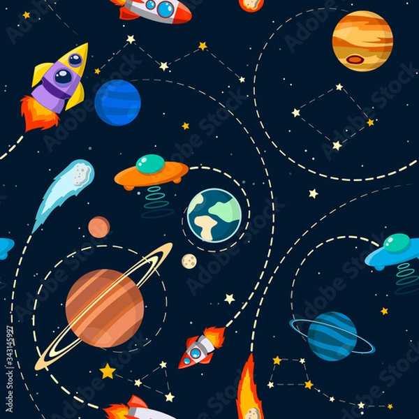 Obraz solar system vector kids cartoon planet seamless pattern. Rocket, UFO, planets Illustration, great for wallpaper, textile and texture design. Kids design, fabric, wrapping, apparel.