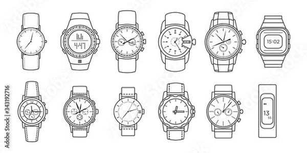 Fototapeta Watch wrist vector outline set icon. Isolated outline set icon wristwatch. Vector illustration clock on white background .