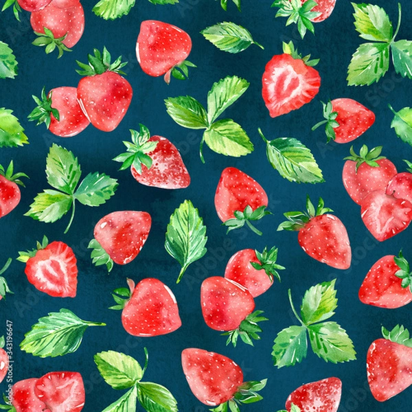 Fototapeta Strawberry seamless pattern, Watercolor berries dark background, summer harvest backdrop