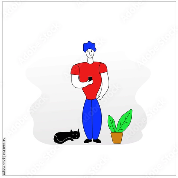 Obraz man and cat with using a phone
