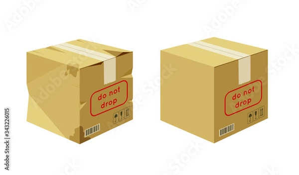 Obraz Damaged cardboard box, craft. Crumpled package, brown sealed, for storage warehouse. 