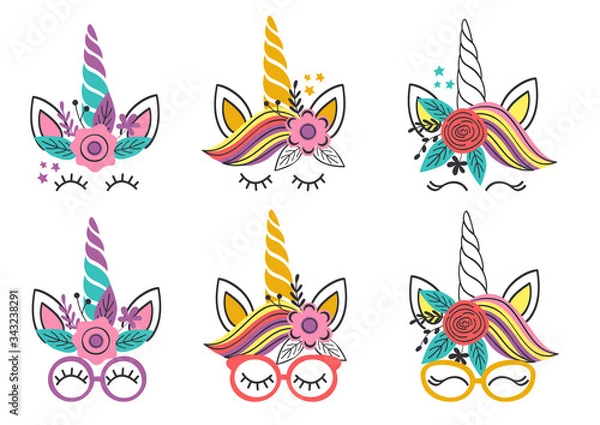 Fototapeta Set of isolated lovely unicorn faces.Cute unicorn faces.Unicorn heads. Vector illustration