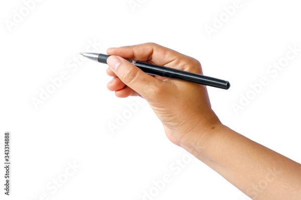Fototapeta Close-up of a woman's hand holding a pen and writing gesture on a white background with the clipping path.
