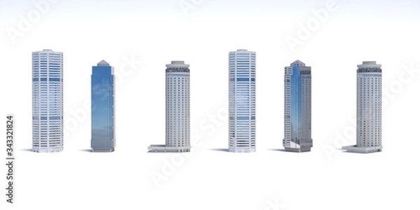 Fototapeta Set of different skyscraper buildings isolated on white. 3d illustration