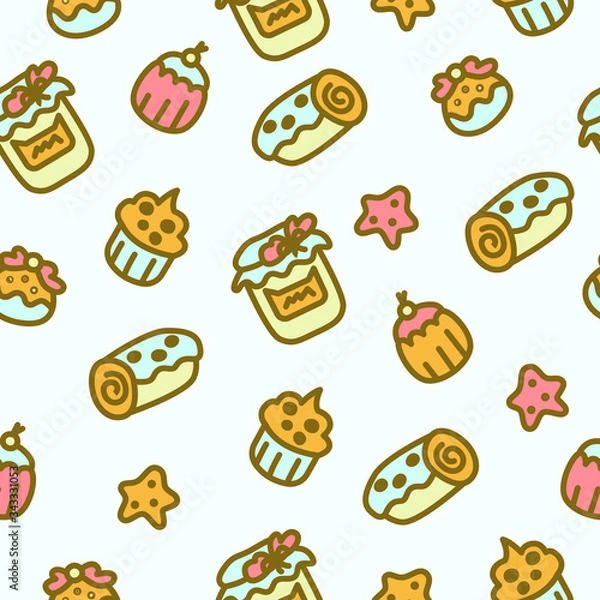 Fototapeta Cute vector seamless pattern with different pastries and sweets. Cakes, sweet rolls, jam, buns, cookies. Fun illustration for packaging design, wrapping paper, background for an online store.