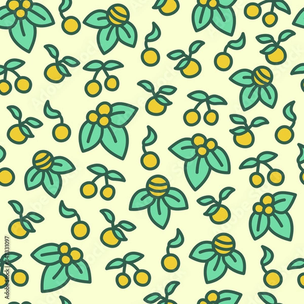 Obraz Merry Christmas seamless vector pattern with leaves, berries and cherries. Cute illustration for the design of decorative paper, gift wrapping, print on fabric or other objects. New Year, holiday.