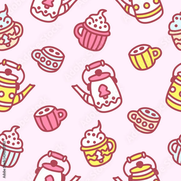 Obraz Tea party cute vector seamless pattern. Goodies, teapot with tea, mug with cappuccino, ice cream, coffee. Tender color illustration for the design of wrapping paper, gift box. Fun background. 
