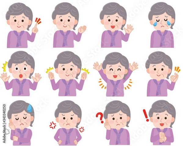 Fototapeta おばあさん　表情セット　上半身　アイコン　イラスト