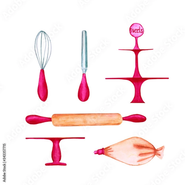 Fototapeta Watercolor pastry utensils set isolated on white background. Hand-drawn bakery tools collection. Rolling pin, knife, stand for sweets, pastry bag and whisk.