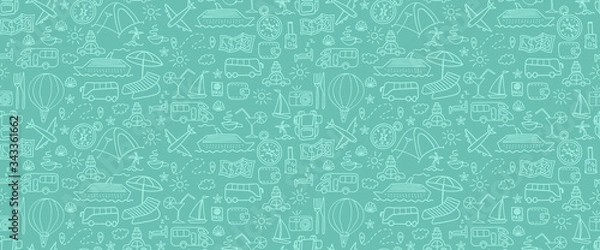 Obraz Travel and vacation light background. Summer tourism seamless pattern. Outline vector illustration.