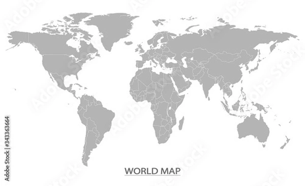 Fototapeta World Map template in grey on white for use as a design element, vector illustration