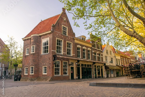 Fototapeta Empty typical dutch streets of Delft during COVID-19.