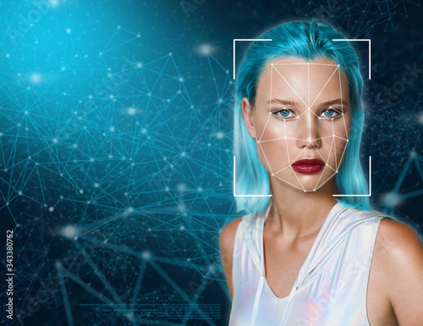 Fototapeta Portrait of a beautiful young woman in futuristic style against the background of dots connected by lines.