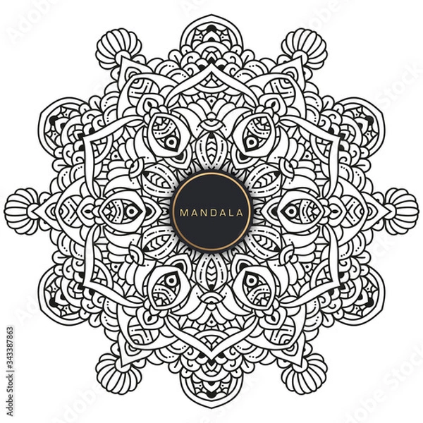 Obraz Mandala, tracery round boho doodle. Ethnic ornament, sketched symmetry. Folk, meditation design. Curved shape, isolated on white. Black and white art. Vector
