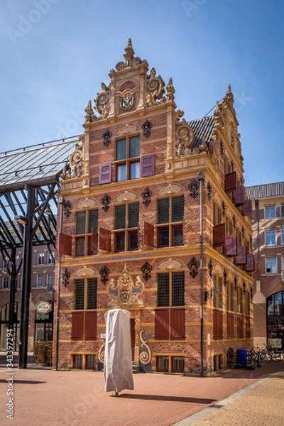 Fototapeta GRONINGEN, NETHERLANDS - April 18, 2020: Goudkantoor (Gold Office) building in Dutch Renaissance style. It was built in 1635 and served as office for the receiver taxes