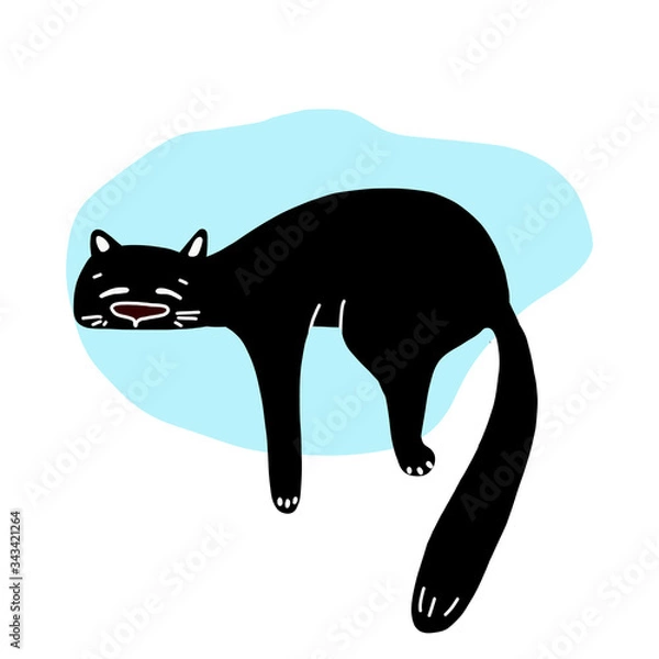 Fototapeta Hand drawn vector illustration of a cute funny black cat lying on its stomach with its eyes closed. Isolated objects on a white background.hand Drawing.Design concept for poster t-shirt with a print.