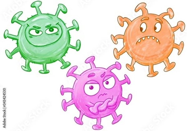 Fototapeta Hand drawn funny cartoon illustration of a molecule of coronavirus covid-19 with different emotions. Funny doodle image for kids. Isolated on a white background