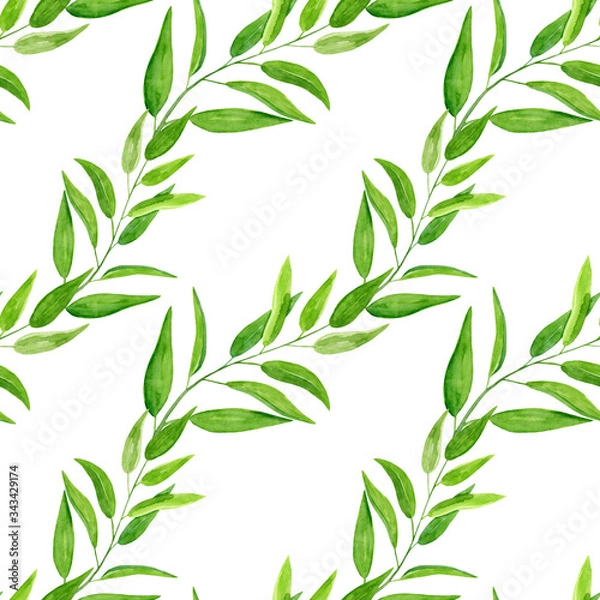 Fototapeta Watercolor hand drawn seamless pattern with abstract eucalyptus green leaves lines isolated on white background. Greenery stripes print for summer design, textil, wrapping paper etc.