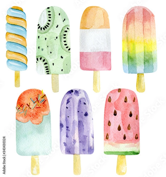 Obraz Watercolor set of ice cream. Summer colorfull dessert on isolated white background for party card, greeting card, banner, birhtday.