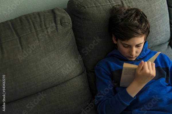 Obraz relaxed teenager solo reading a book seated on sofaeated on sofa