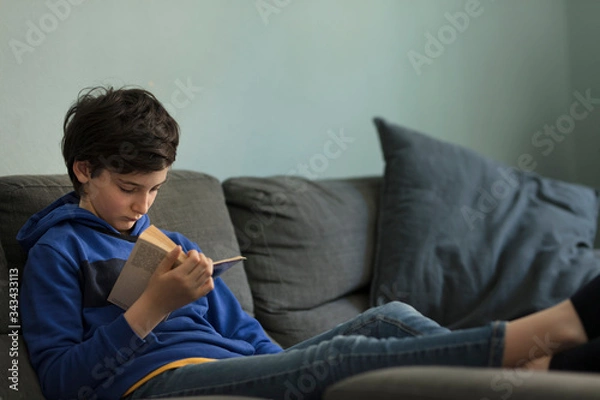 Fototapeta relaxed teenager solo reading a book seated on sofaeated on sofa