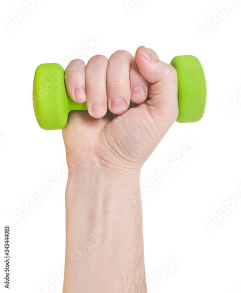 Obraz Hand hold a green dumbbell for health isolated white background. Close up.