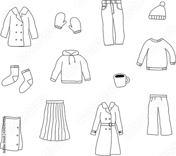 Fototapeta 冬服の手描きイラストのセット／コート／ニット