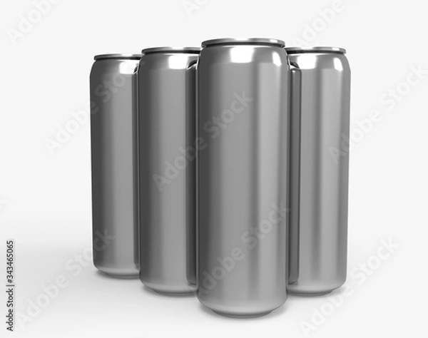 Fototapeta Aluminum soda, beer, energy drink tin cans. Isolated on white. Clipping path. 3D Rendering.