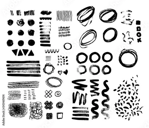 Obraz Hand-drawn brush raw textured shapes. Black ink random hand drawn scribbles set isolated on white background. Vector illustration