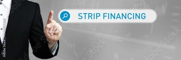 Fototapeta Strip Financing. Man in a suit points a finger at a search box. The word Strip Financing is in the search. Symbol for business, finance, statistics, analysis, economy