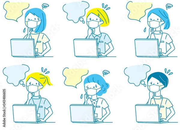 Fototapeta マスク　パソコン　悩む　若い女性　白衣　人物セット	　単色
