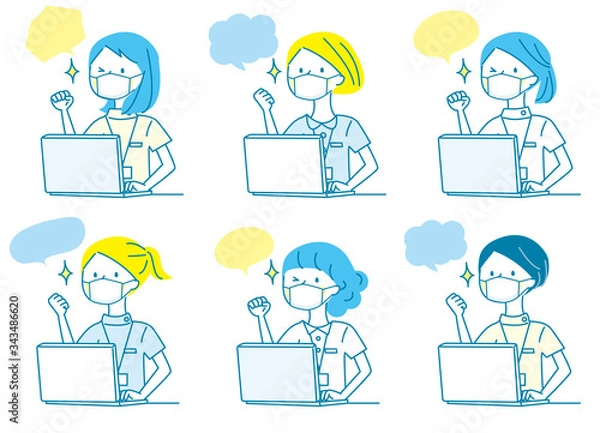 Fototapeta マスク　パソコン　ガッツポーズ　若い女性　白衣　人物セット　単色