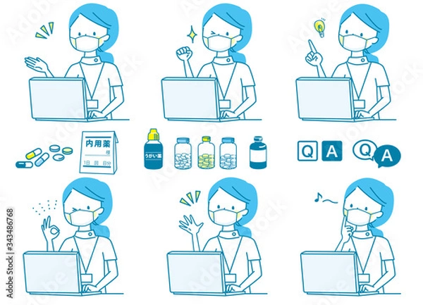 Fototapeta マスク　マスク　受付　若い女性　白衣　表情セット