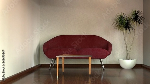 Obraz Room with red sofa, table and plant