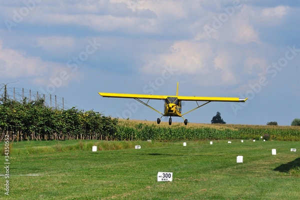 Obraz small plane landing on grass yellow