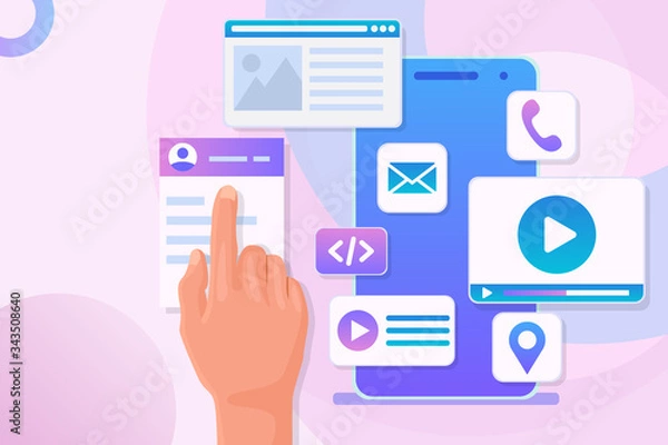 Fototapeta Mobile Application Development Vector illustration. Hand is moving Icons and program code on telephone screen to create UI/Ux design. Mobile App constructor