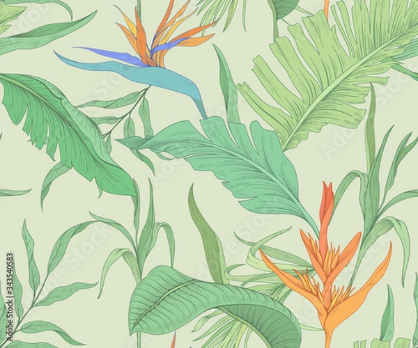 Fototapeta Seamless pattern with tropical flowers and palm leaves