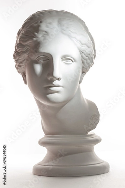 Obraz Gypsum copy of ancient statue Venus head isolated on white background. Plaster sculpture woman face.